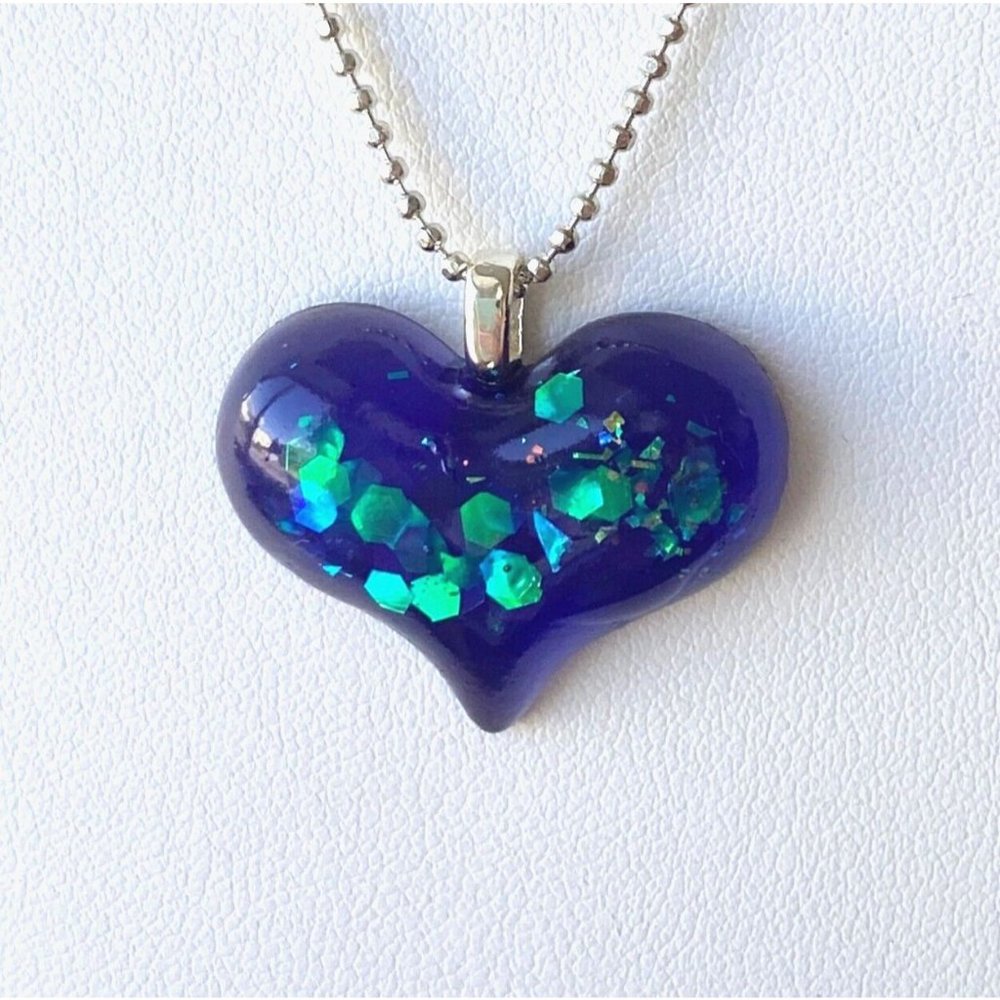 Handmade Purple Resin Heart Sparkly Glitter Pendant Necklace Adjustable 16-18in